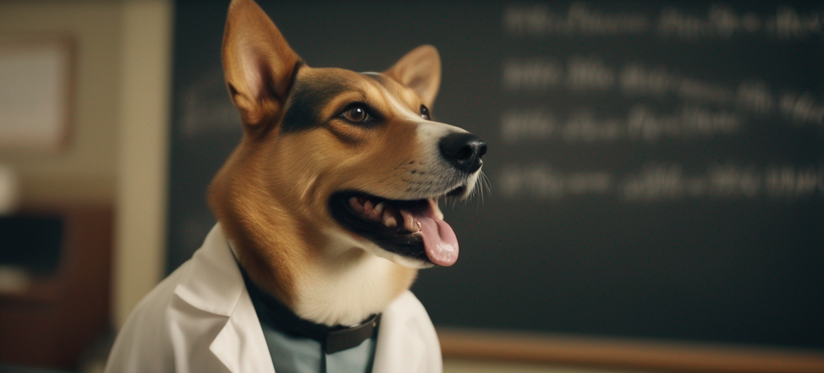 picture of my corgi in a lab coat