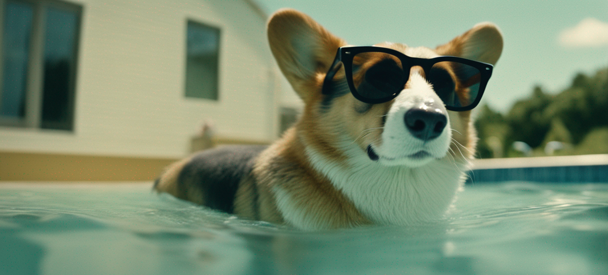 picture of my corgi swimming in a pool with sunglasses